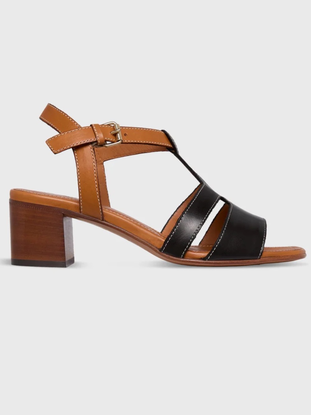 Ann Mashburn Leather Two-Tone Block Heel Sandal - Black/Tan